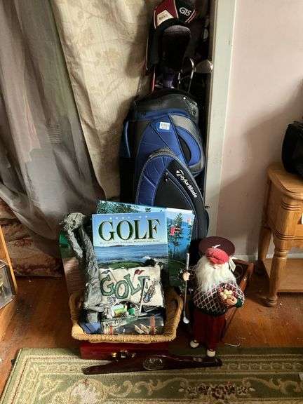 Golf clubs in bag, golfing Santa figure, golf accessories and decor items