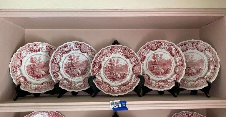 Contents of shelf: red Historical Staffordshire transfer printed View Near Conway NH pattern plates