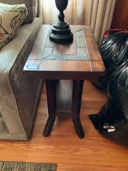 Three 2-tier end tables w/ patterned tops 15x24.5x26