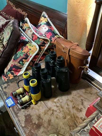 Opera glasses w/ pouch and three pair of binoculars, one case
