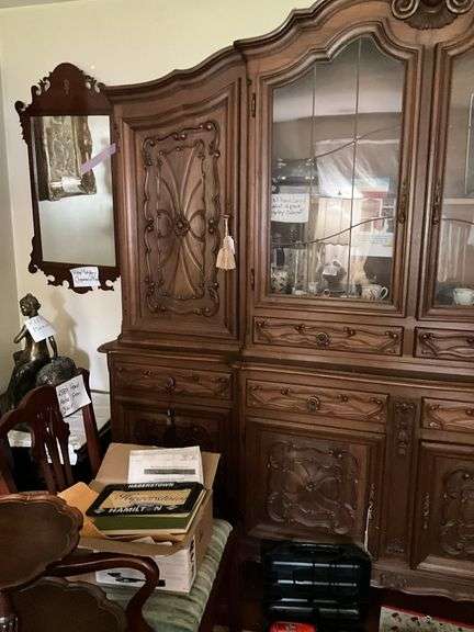 Louis XV style 2-part cabinet w/ carved crest, leaded glass central cabinet doors, carved panels and drawer fronts throughout, cabriole legs - no contents 92x22x93 MUST COME DURING LAST 2 HOURS OF PICKUP FOR THIS ITEM