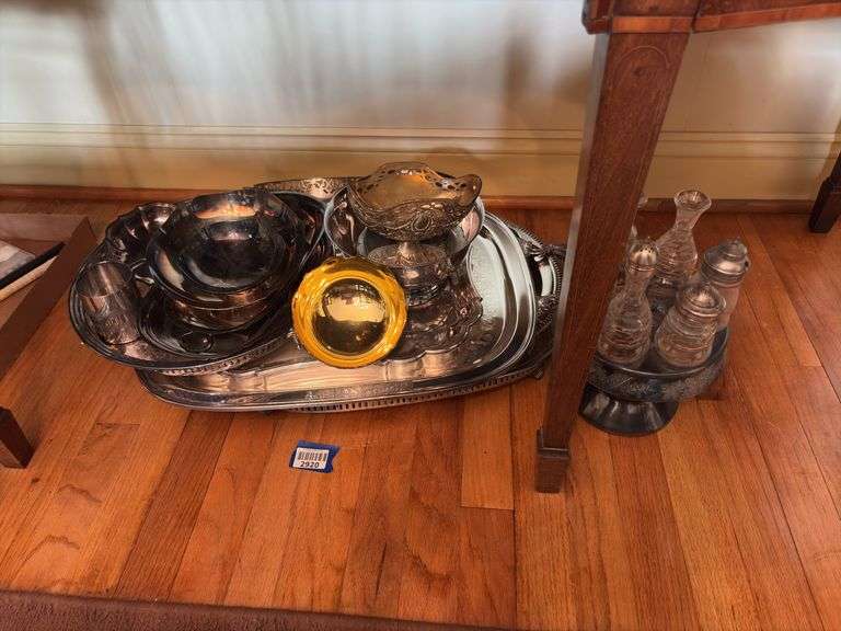 Silverplated tray and serving pcs, and Victorian table castor w/ bottles - missing handle