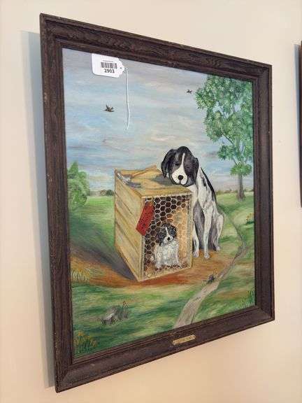 Primitive painting, dogs, Leaving Home, framed 23x27