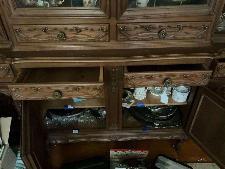 Louis XV style 2-part cabinet w/ carved crest, leaded glass central cabinet doors, carved panels and drawer fronts throughout, cabriole legs - no contents 92x22x93 MUST COME DURING LAST 2 HOURS OF PICKUP FOR THIS ITEM