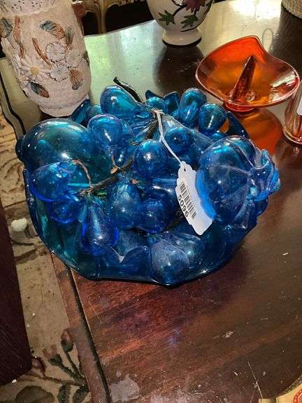 Vintage blue glass fruit in blue glass bowl