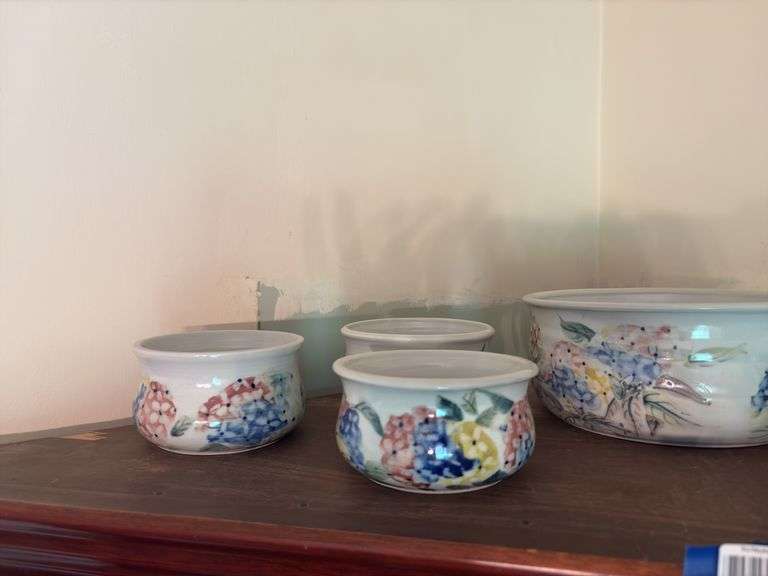Handcrafted pottery berry set w/ floral decor, Washington County Arts label