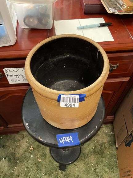 Stoneware crock and round pedestal stand on turned column - stand 29in high