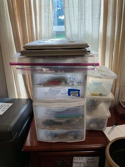 Plastic storage drawers and totes w/ craft supply contents