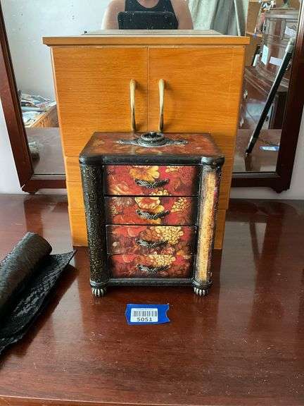 Floral decorated jewelry box and oak jewelry cabinet