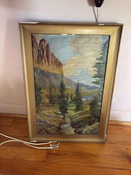 Primitive painting, landscape, gilt frame 15x21