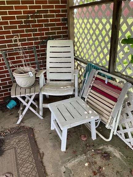 Folding chairs, patio stands, flowerpot, wire trellises