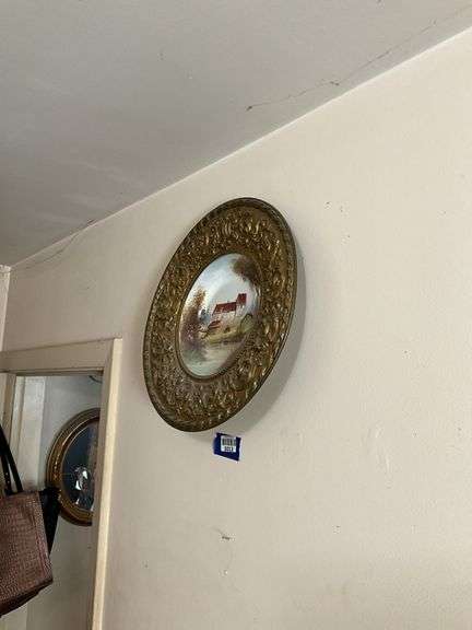 Scenic handpainted plate in brass repousse frame mount