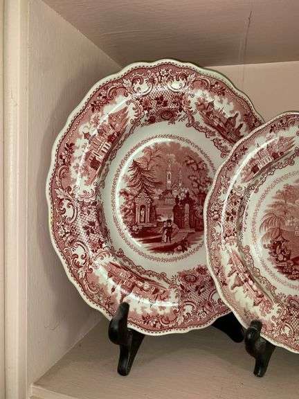 Contents of shelf: red Staffordshire transfer printed Spanish Convent pattern plates