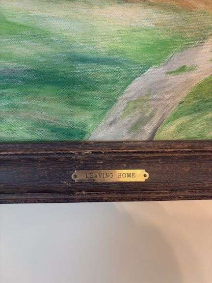 Primitive painting, dogs, Leaving Home, framed 23x27