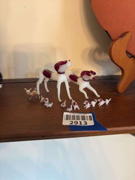 Tiny lampworked glass dog figurine family, and small fawn