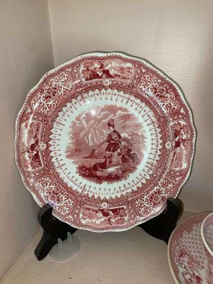 Contents of shelf: red Staffordshire transfer printed china platter, plates, cup/saucer, including Caledonia pattern