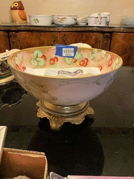 Limoges porcelain punch bowl handpainted w/ cherries and blossoms, w/ separate porcelain base