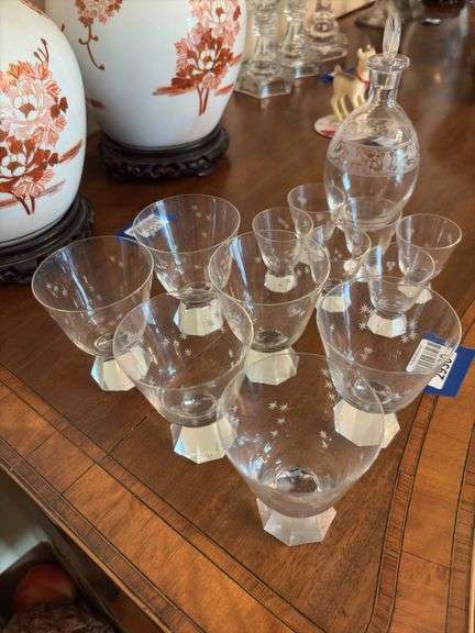 MCM Quartzex Star Dust engraved glasses, and etched decanter