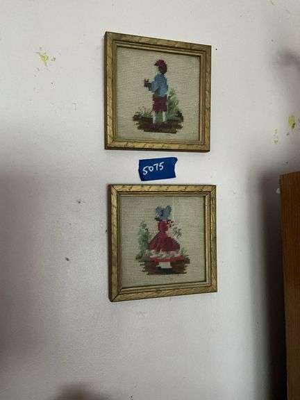 Wall hangings: milk glass Cupid & Psyche plate, bisque plaques, handpainted porcelain plates, two framed needlepoints