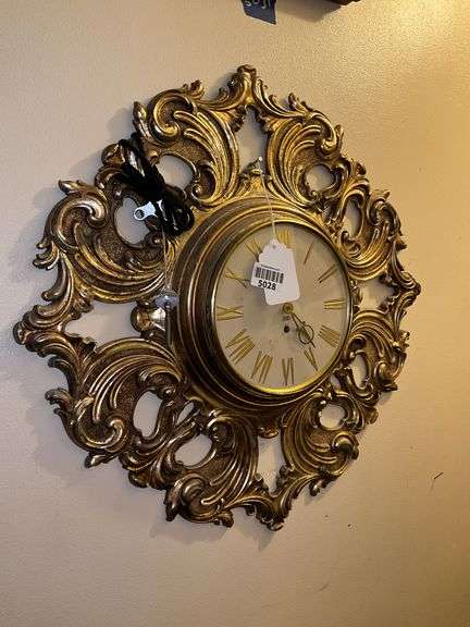 Mid-century Rococo Syroco 8-day wall clock w/ key