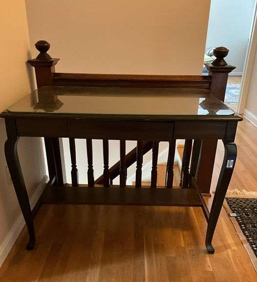 Library table w/ drawer in apron, protective glass top 41x26x31