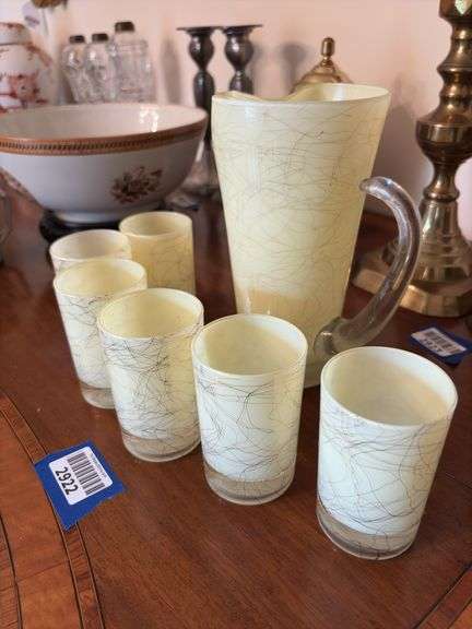 MCM mid-century modern spaghetti swirl glass pitcher and tumblers set