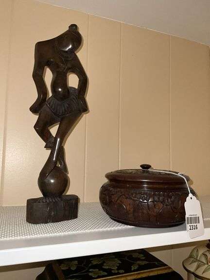 Carved stylized female figure, and carved wood covered bowl