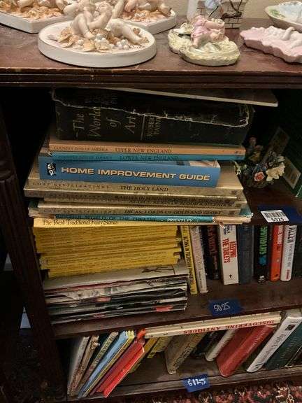 Book contents of three shelves: history, short stories, National Geographics, misc
