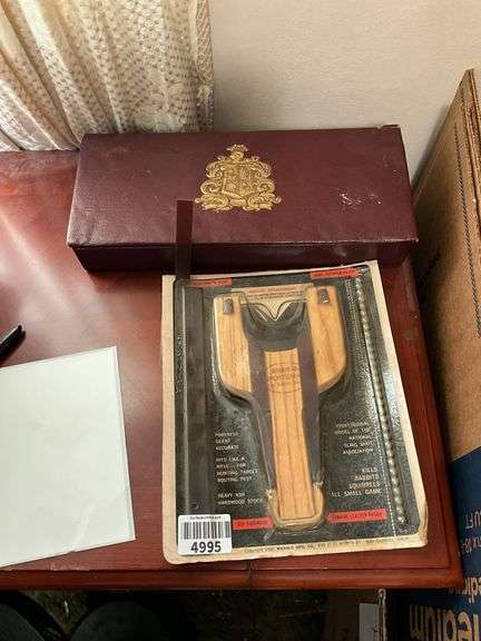Wham-O wooden slingshot in package, playing card decks in decorative box