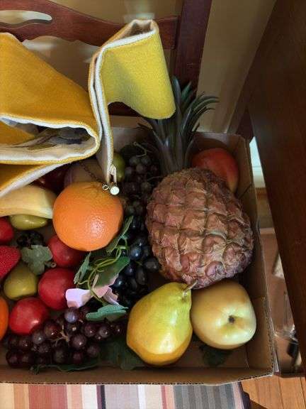 Faux fruit, embroidered banner