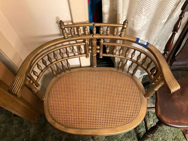 Turn-of-the-century gilt reception chair w/ caned seat - note break in center back, and brace back Windsor side chair