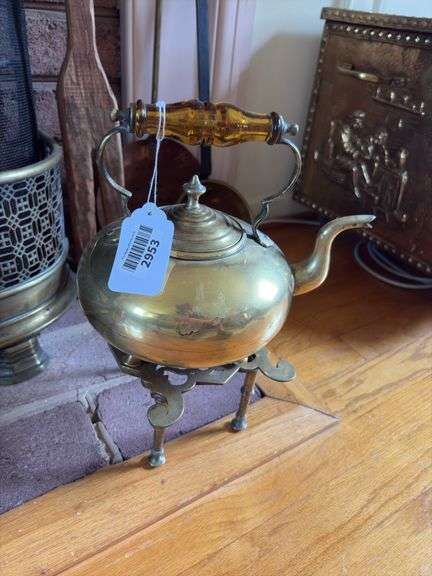 Brass teakettle w/ amber glass handle, and brass kettle stand