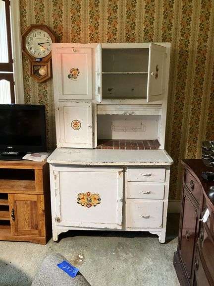 Hoosier style kitchen cabinet w/ white enamel work surface, flour sifter bin, tambour door, painted white 40.5x25x69