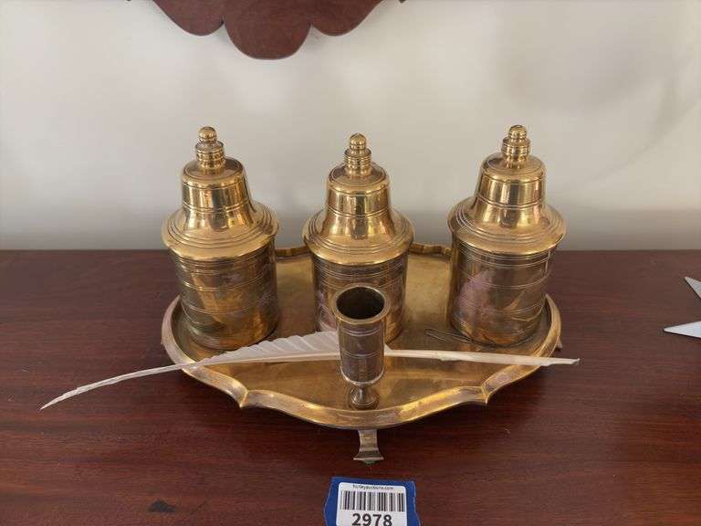 Brass inkstand w/ feather quill pen
