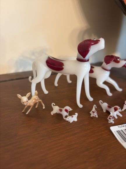 Tiny lampworked glass dog figurine family, and small fawn