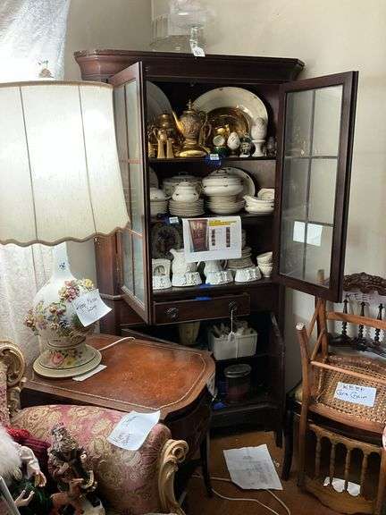 Brandt mahogany corner cupboard, molded cornice over two glazed doors, drawer and cabinet base - no contents - MUST COME DURING LAST 2 HOURS OF PICKUP FOR THIS ITEM