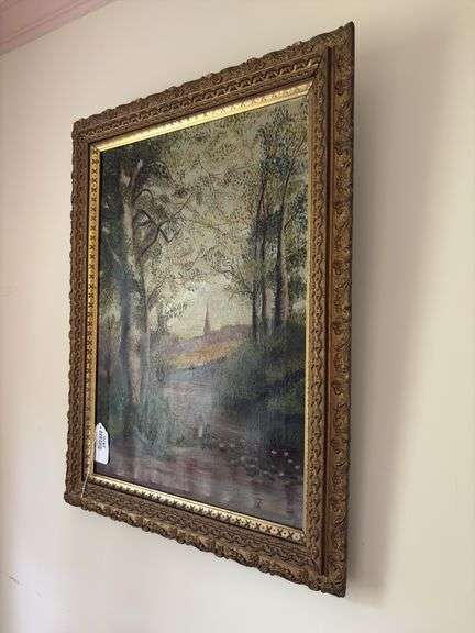 Naive painting, landscape w/ tiny figures, signed AET, in gilt frame 21.5x27.5