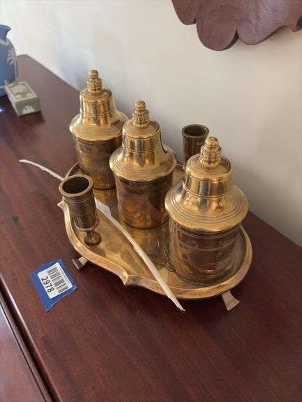 Brass inkstand w/ feather quill pen