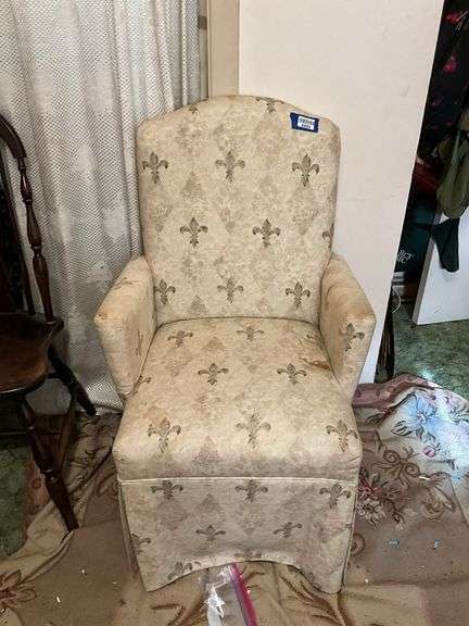 Upholstered boudoir arm chair - note stains to fabric