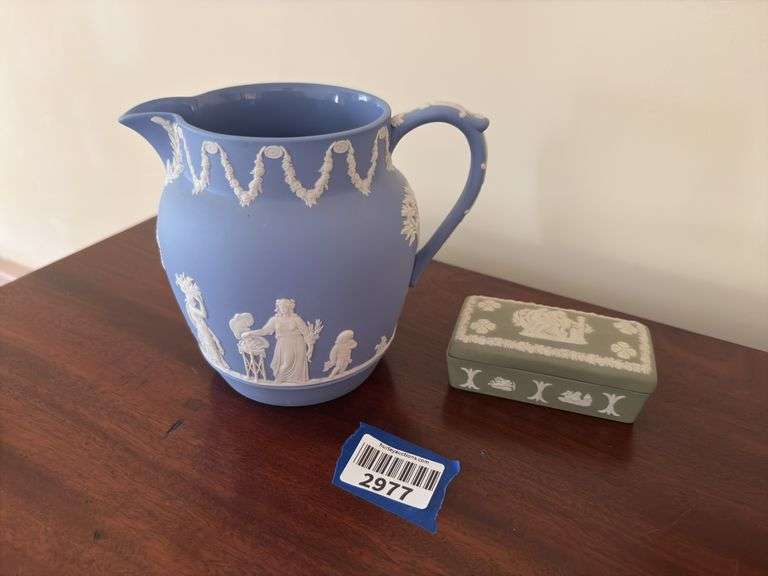Blue Wedgwood jasperware pitcher, and green jasperware box