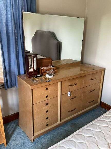 MCM mid-century modern dresser w/ attached mirror - no contents 54x18x64
