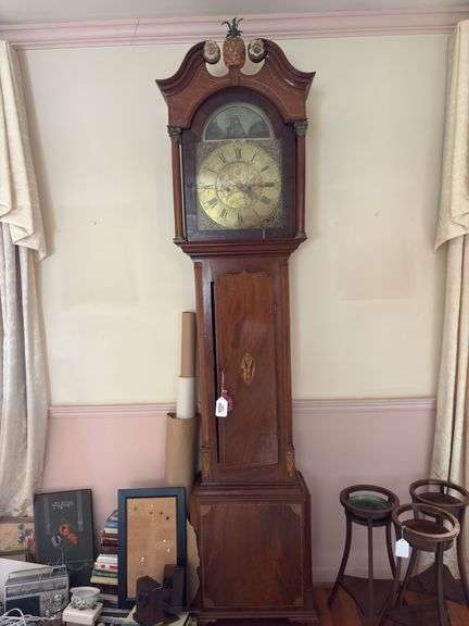 JOHN WESTON/ WOLSINGHAM tall case clock, brass face w/ rocking ship movement, case has inlaid stringing and details, ogee bracket feet 20x10x91