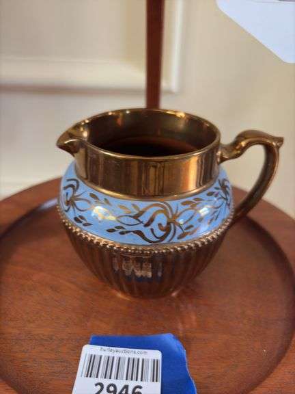 Copper luster creamer, Chinese bowls, blue ceramic pitcher