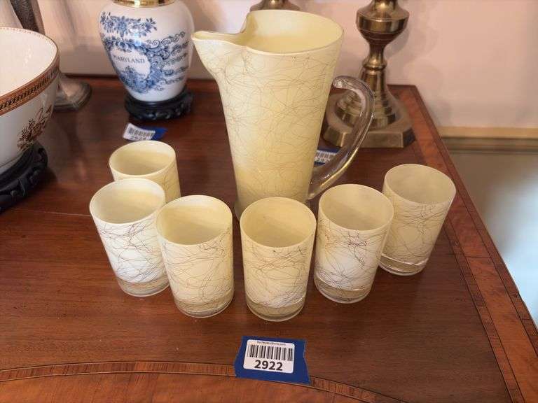 MCM mid-century modern spaghetti swirl glass pitcher and tumblers set