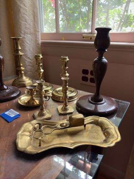 Brass and wood candleholders, wick trimmer on tray