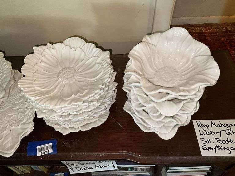 White molded floral dishes and serving pcs, votive cup