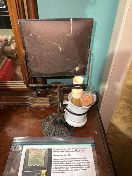 Victorian shaving mirror w/ reproduction mustache mug, two shaving brushes