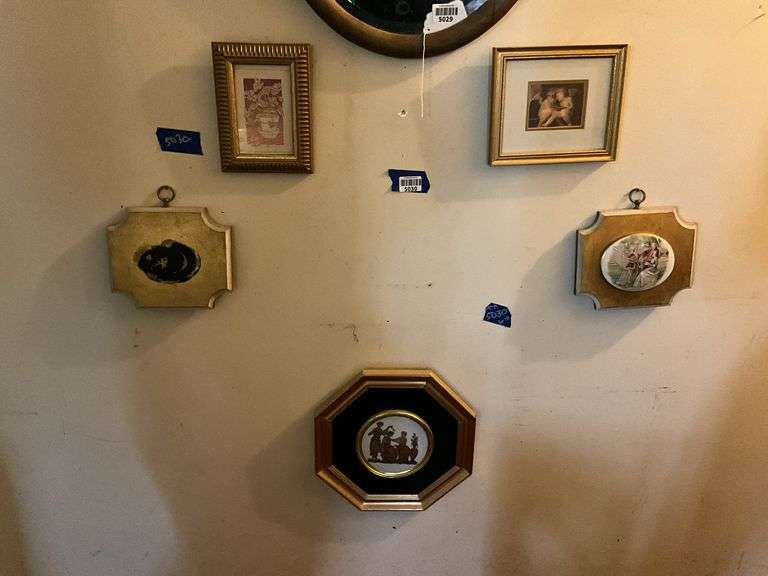 Six wall hangings: framed prints and plaques