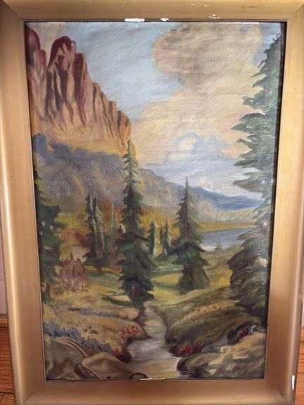 Primitive painting, landscape, gilt frame 15x21
