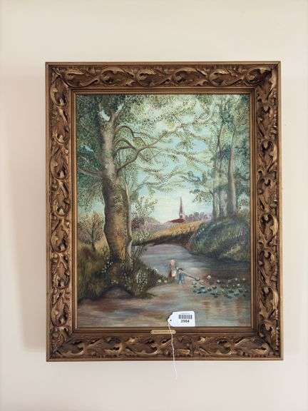 Naive painting, landscape w/ tiny figures, titled English Country Side, in gilt frame 22.5x28.5